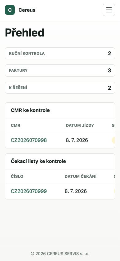 Mobilní přehled majitele autodopravy s fakturami, doklady a položkami čekajícími na kontrolu.